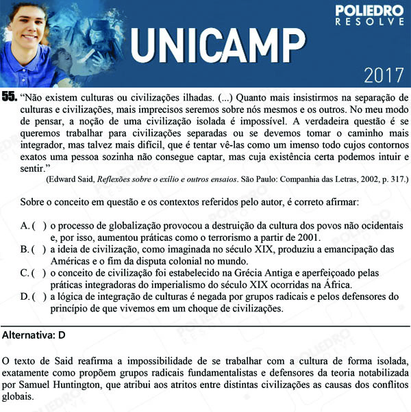 Questão 55 - 1ª Fase - UNICAMP 2017