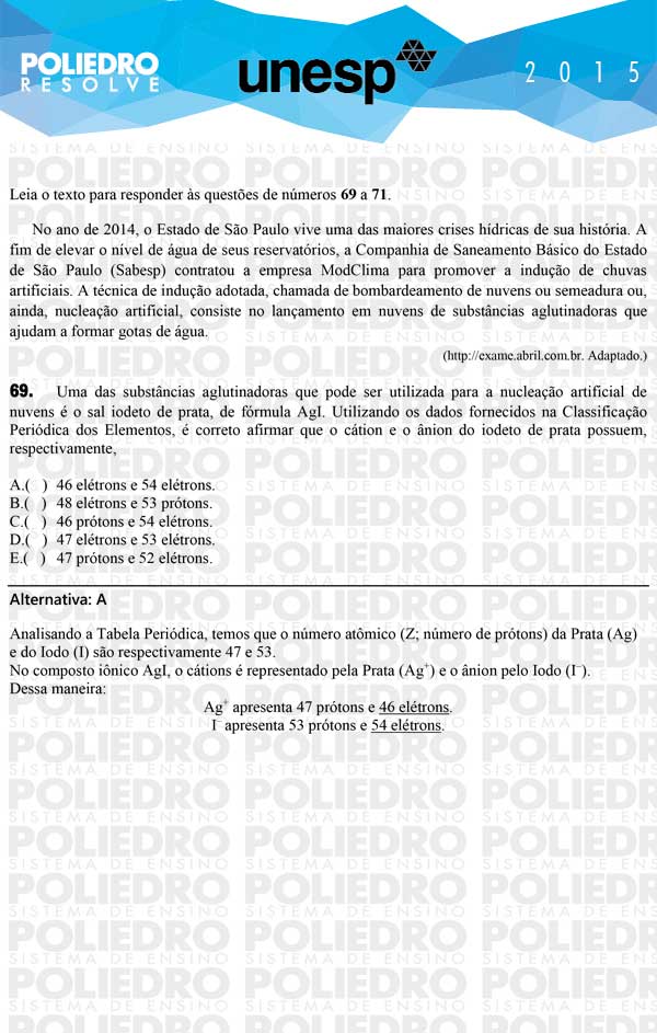 Questão 69 - 1ª Fase - UNESP 2015