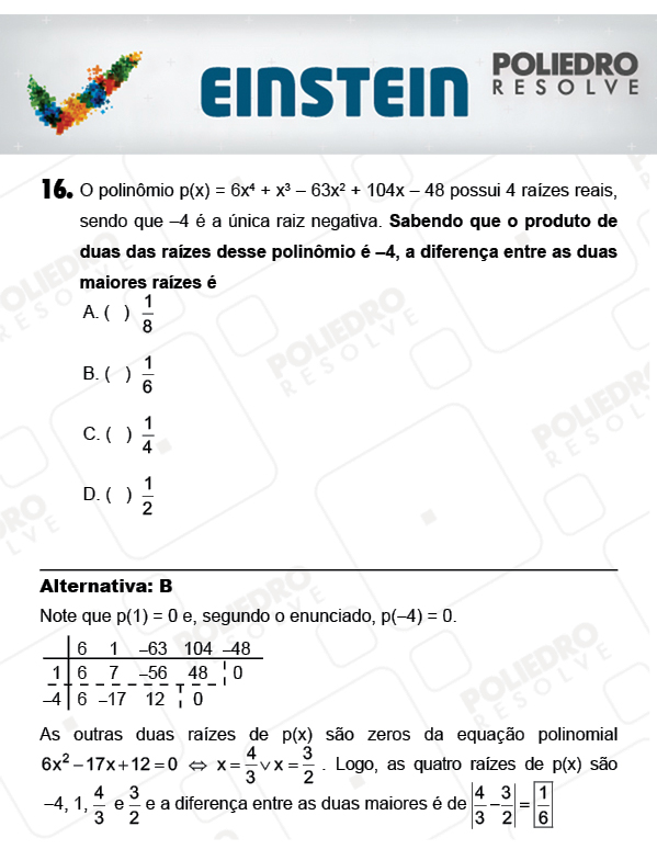 Questão 16 - 1ª FASE - EINSTEIN 2018