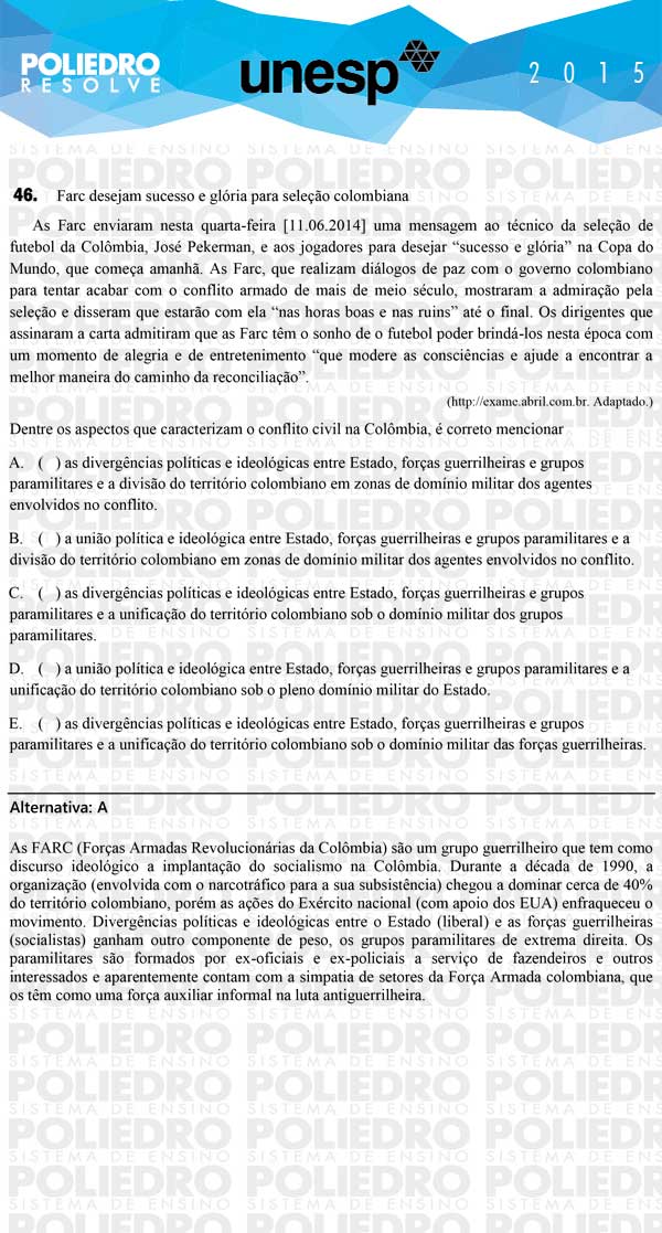 Questão 46 - 1ª Fase - UNESP 2015