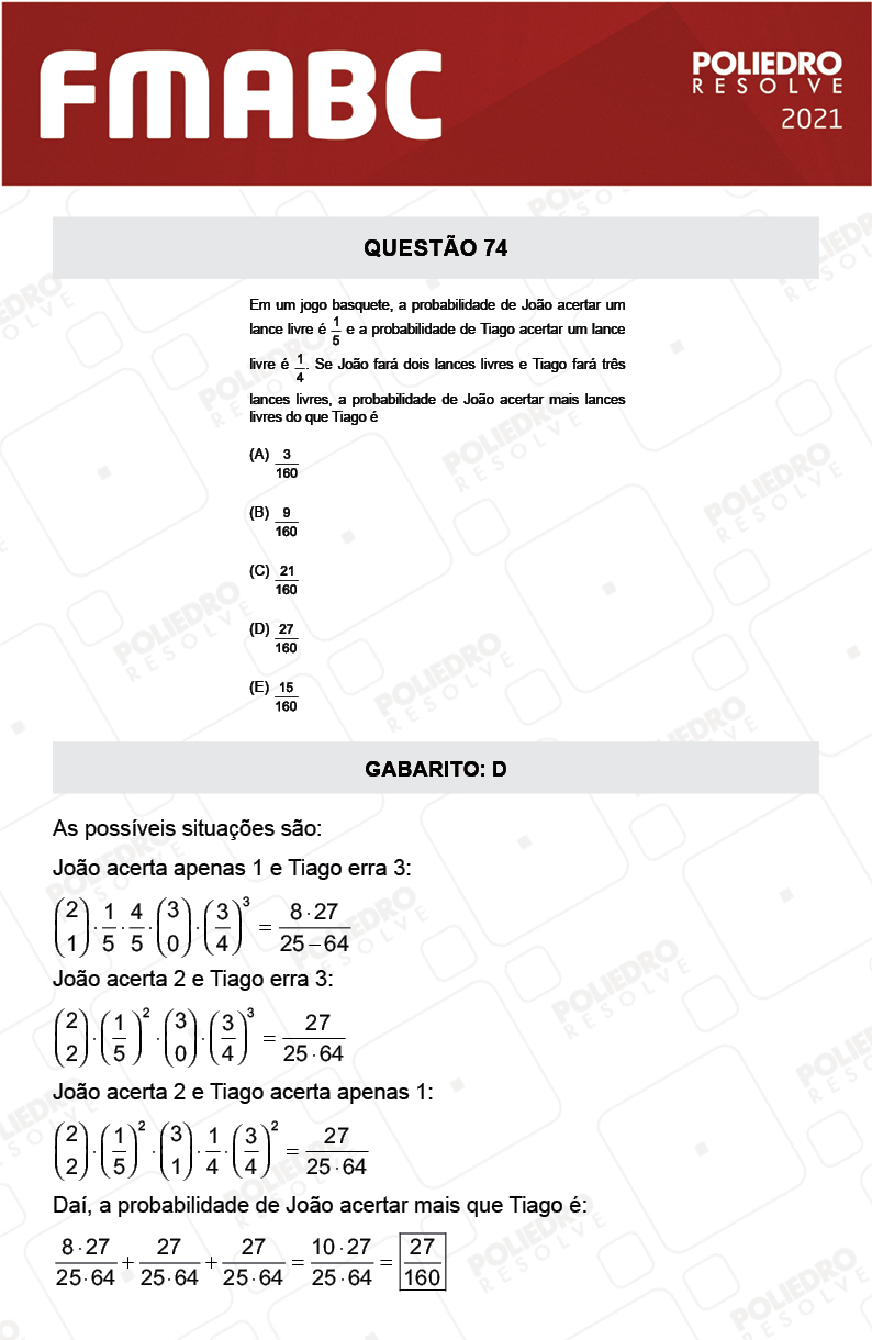 Questão 74 - Fase única - FMABC 2021