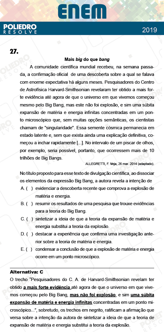 Questão 27 - 1º Dia - Prova AZUL - ENEM 2018