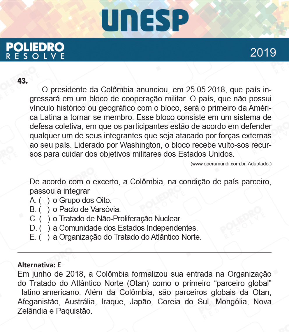 Questão 43 - 1ª Fase - UNESP 2019