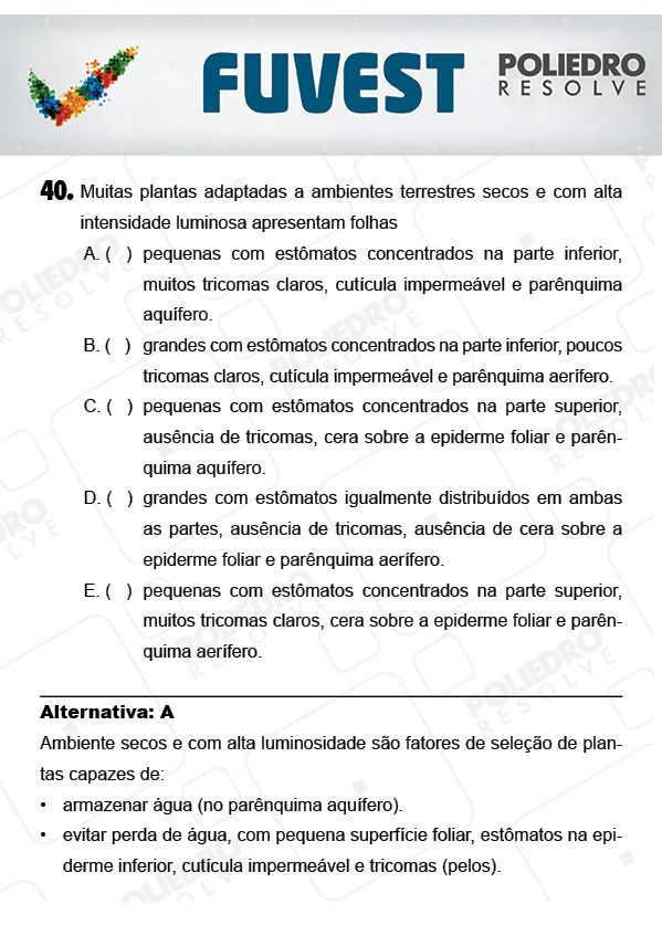 Questão 40 - 1ª Fase - PROVA V - FUVEST 2018