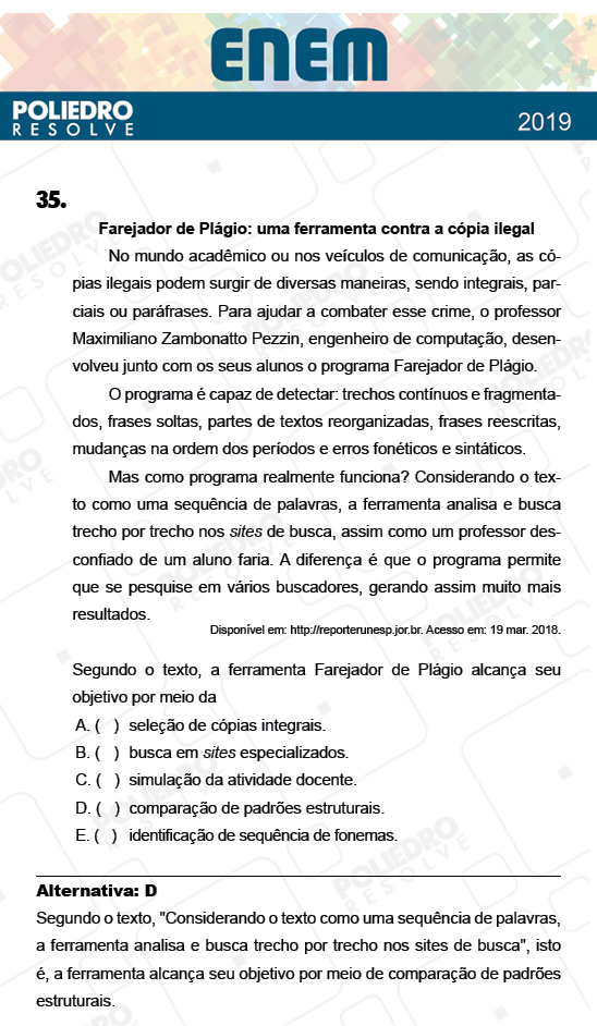 Questão 35 - 1º Dia - Prova BRANCA - ENEM 2018