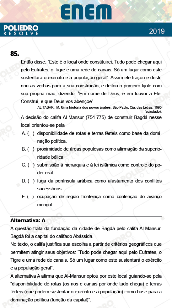 Questão 85 - 1º Dia - Prova AZUL - ENEM 2018