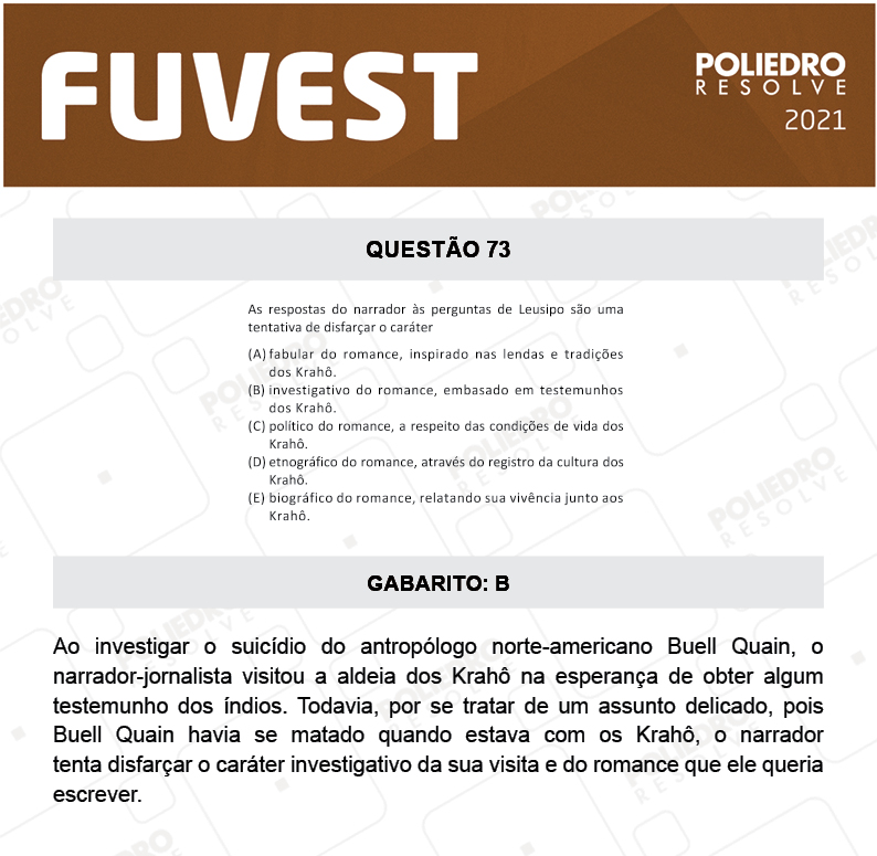 Questão 73 - 1ª Fase - FUVEST 2021