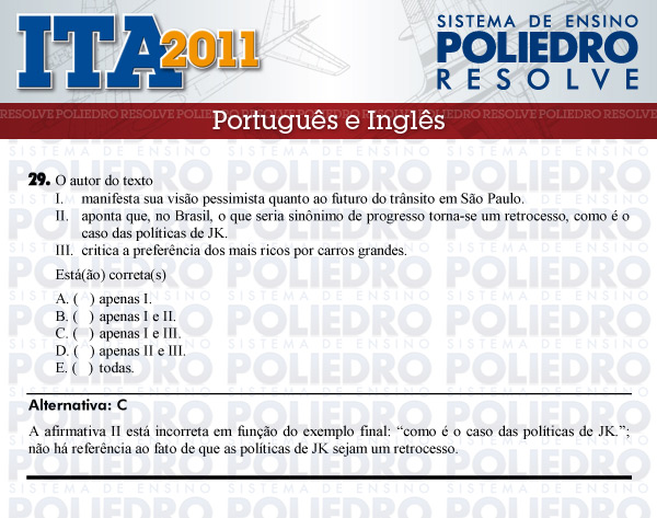 Questão 29 - Português e Inglês - ITA 2011