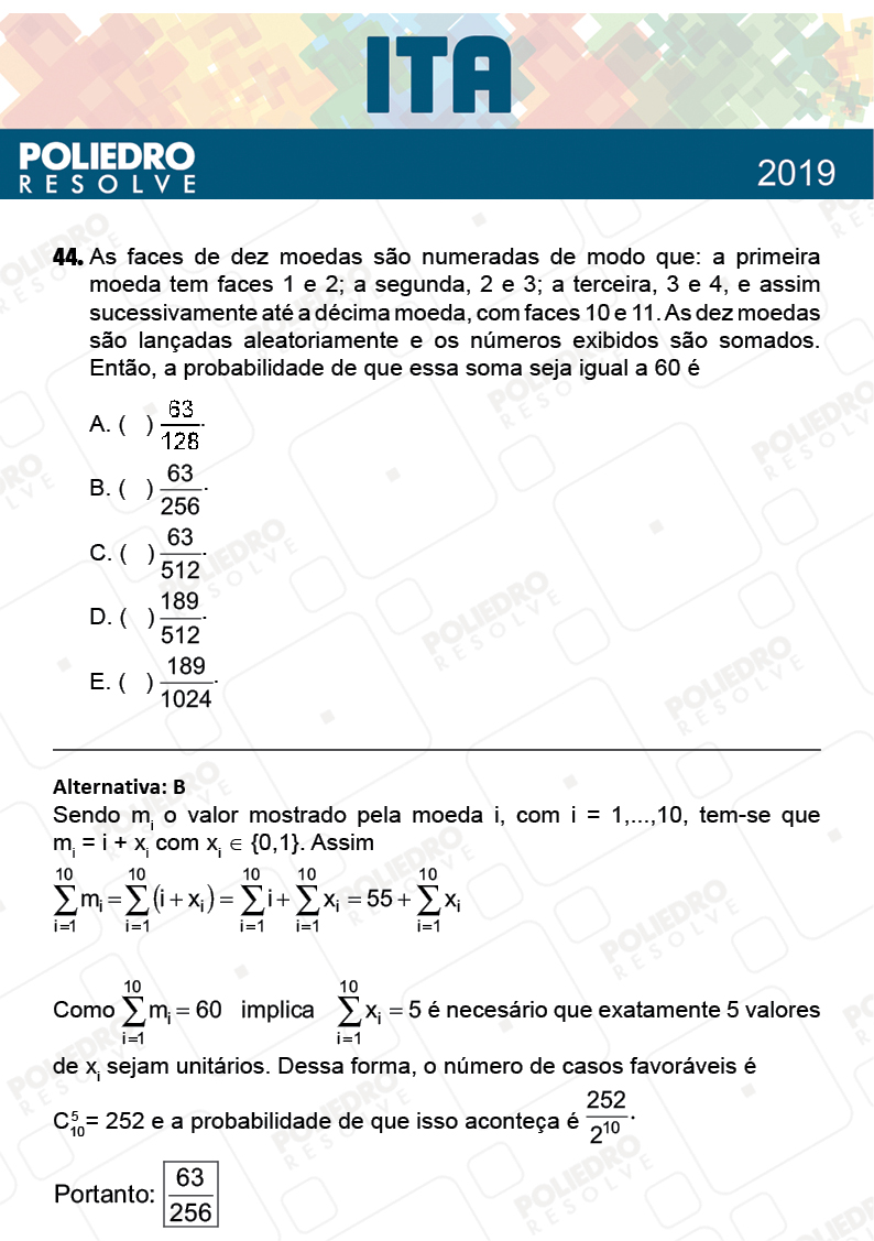 Questão 44 - 1ª Fase - FIS / POR / ING/ MAT / QUI - ITA 2019