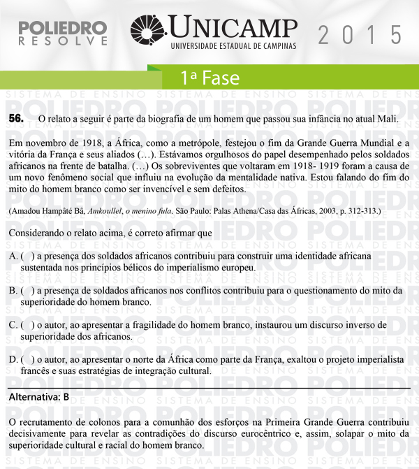 Questão 56 - 1ª Fase - UNICAMP 2015