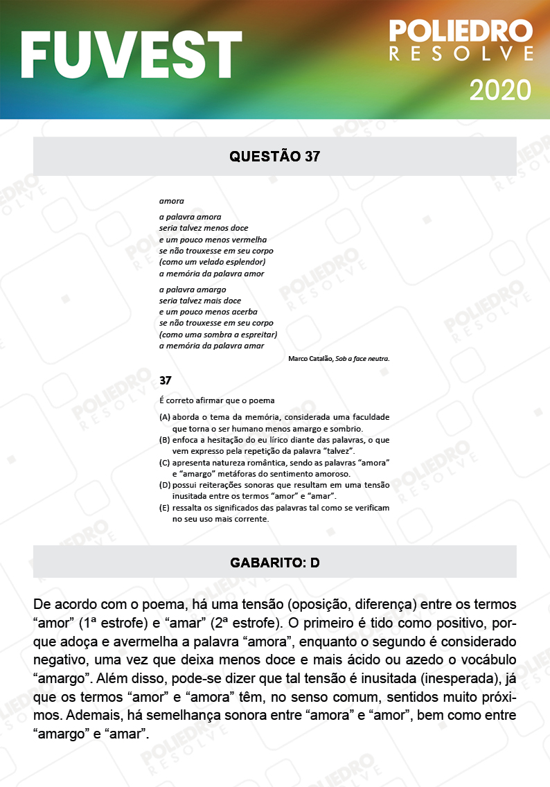 Questão 37 - 1ª Fase - Prova V - FUVEST 2020