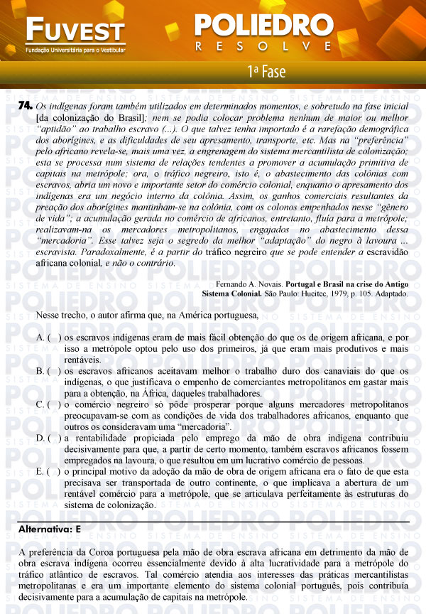 Questão 74 - 1ª Fase - FUVEST 2012