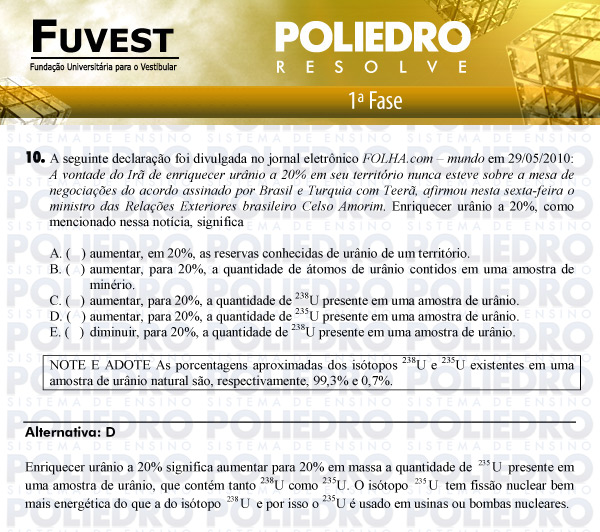 Questão 10 - 1ª Fase - FUVEST 2011