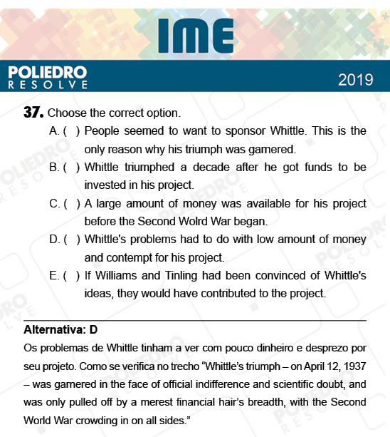 Questão 37 - 2ª Fase - Português/Inglês - IME 2019