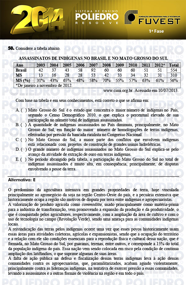 Questão 50 - 1ª Fase - FUVEST 2014