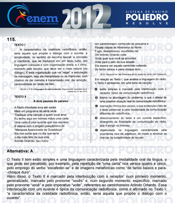 Questão 115 - Domingo (Prova rosa) - ENEM 2012