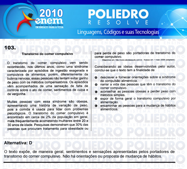 Questão 103 - Domingo (Prova rosa) - ENEM 2010