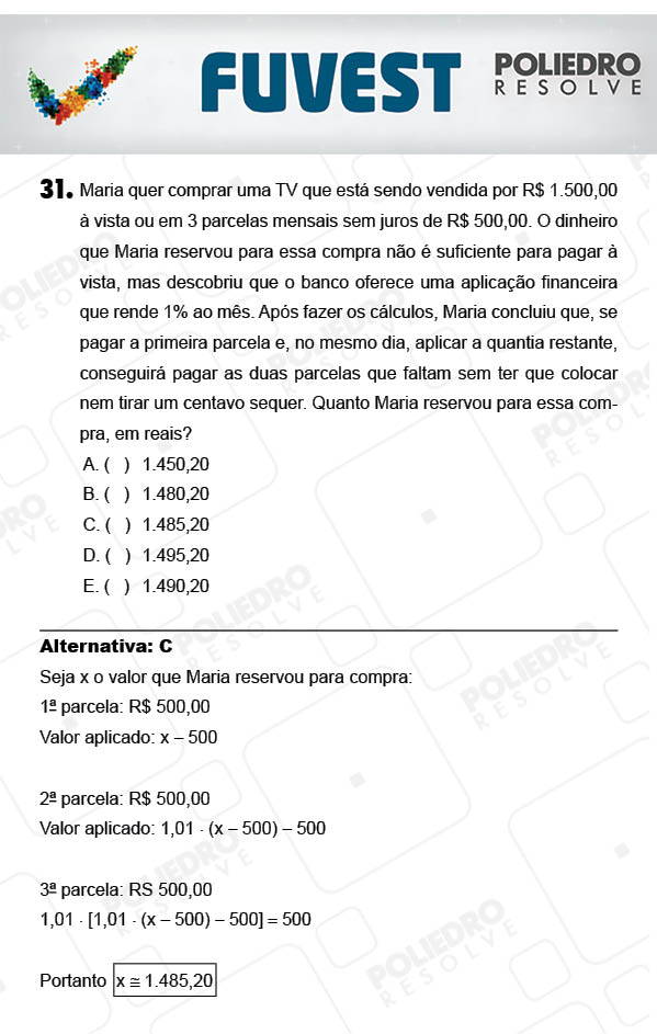 Questão 31 - 1ª Fase - PROVA V - FUVEST 2018