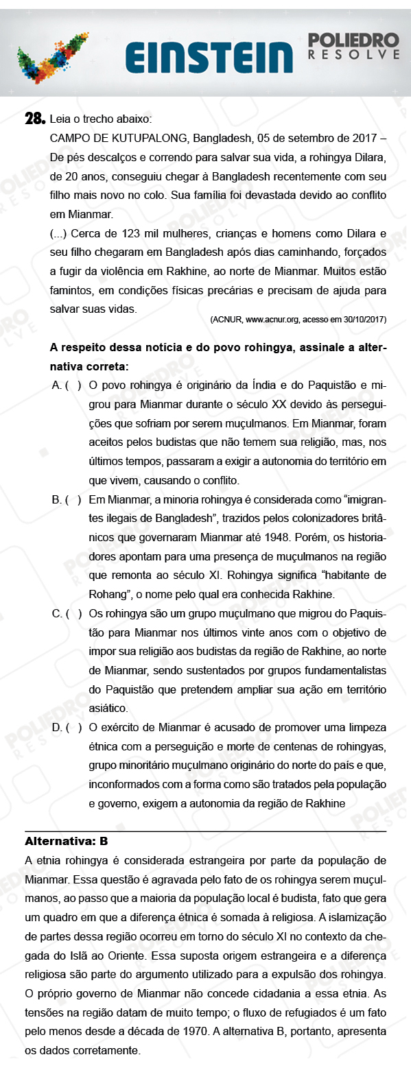 Questão 28 - 1ª FASE - EINSTEIN 2018