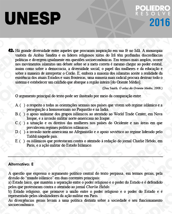 Questão 42 - 1ª Fase - UNESP 2016