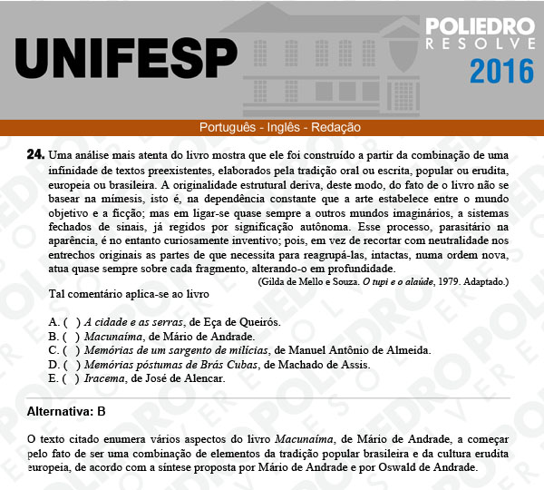 Questão 24 - Línguas - UNIFESP 2016