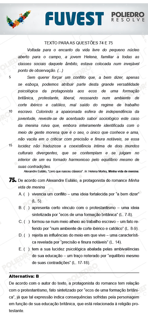 Questão 75 - 1ª Fase - PROVA V - FUVEST 2018