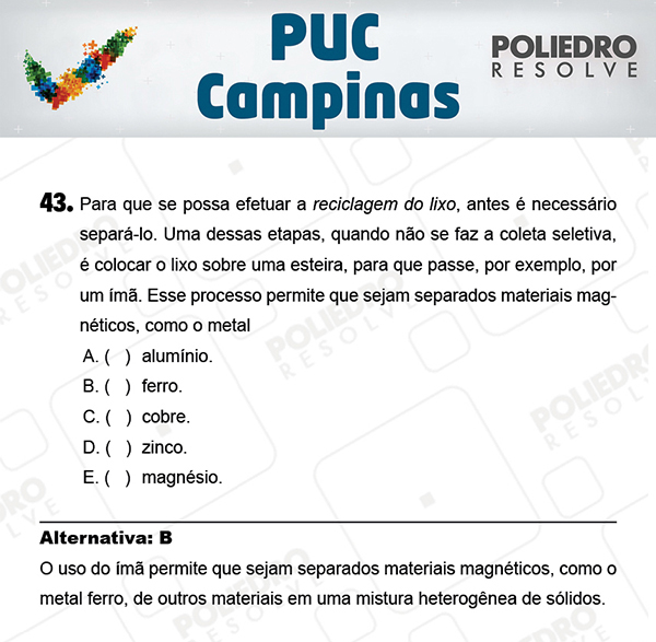 Questão 43 - 1ª Fase - Prova Verde - PUC-Campinas 2018