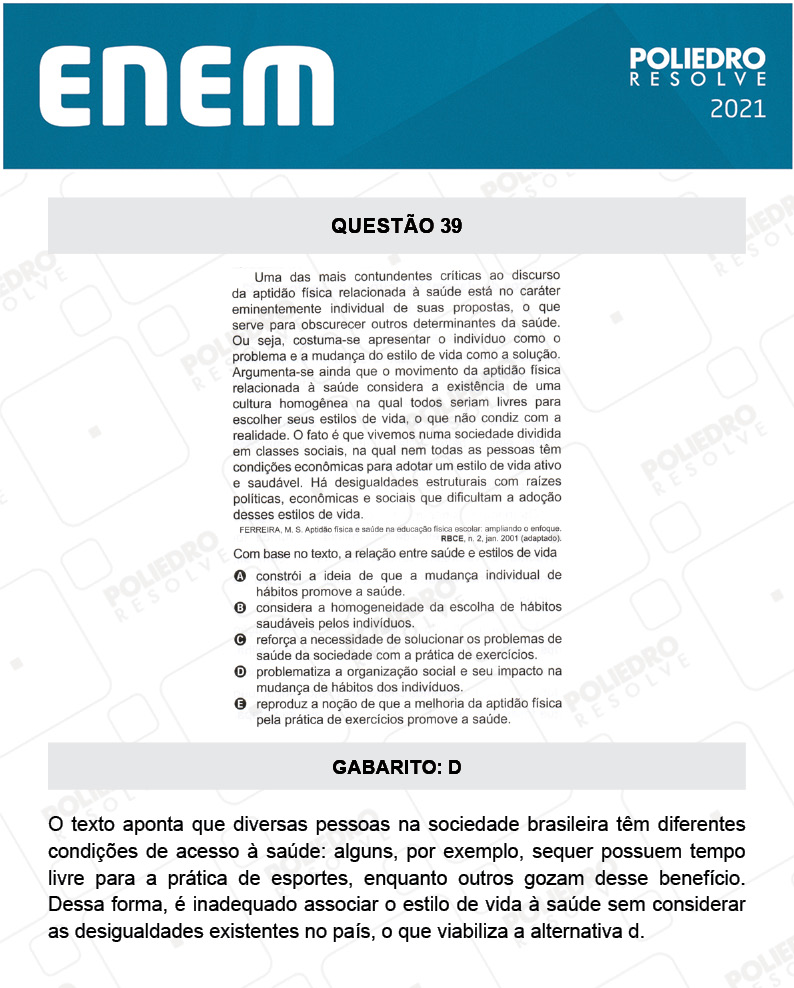 Questão 39 - 1º DIA - Prova Branca - ENEM 2020