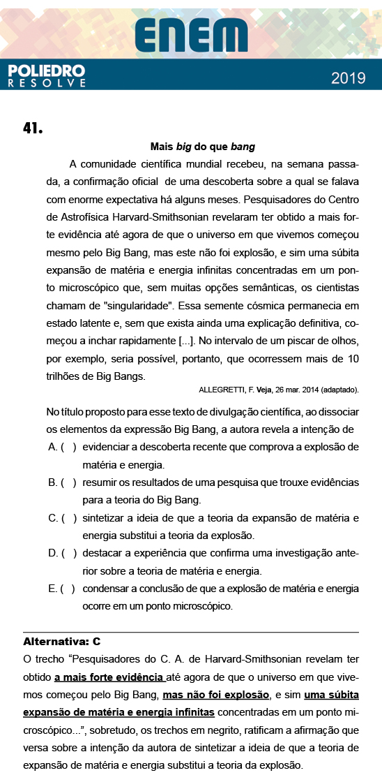 Questão 41 - 1º Dia - Prova BRANCA - ENEM 2018