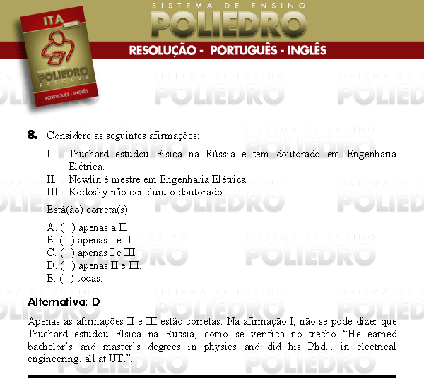 Questão 8 - Português e Inglês - ITA 2008