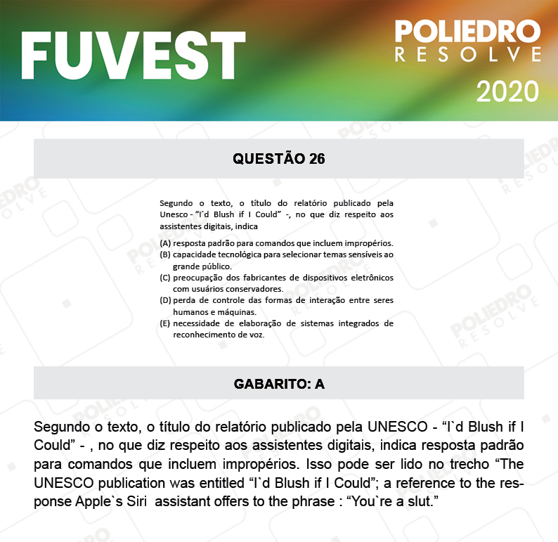 Questão 26 - 1ª Fase - Prova V - FUVEST 2020