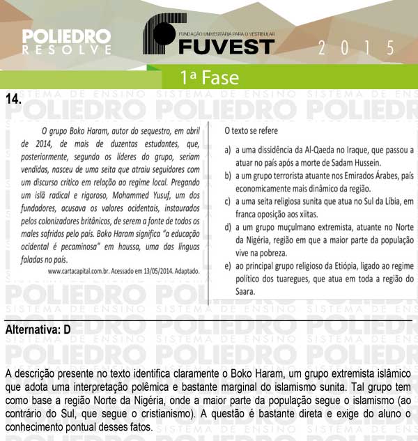 Questão 14 - 1ª Fase - FUVEST 2015