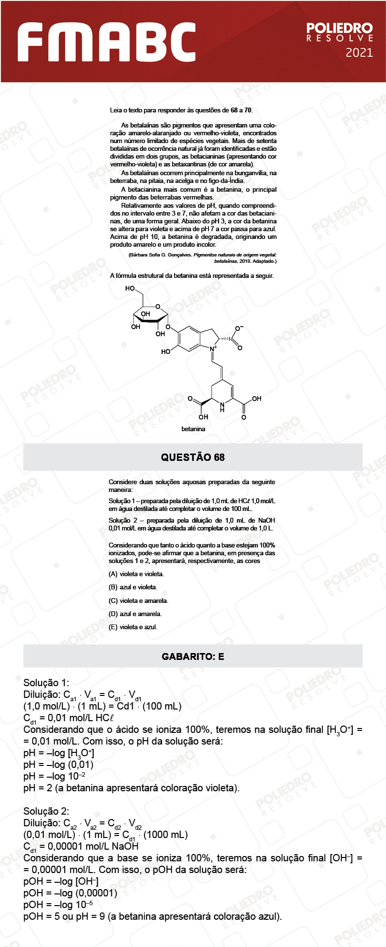 Questão 68 - Fase única - FMABC 2021