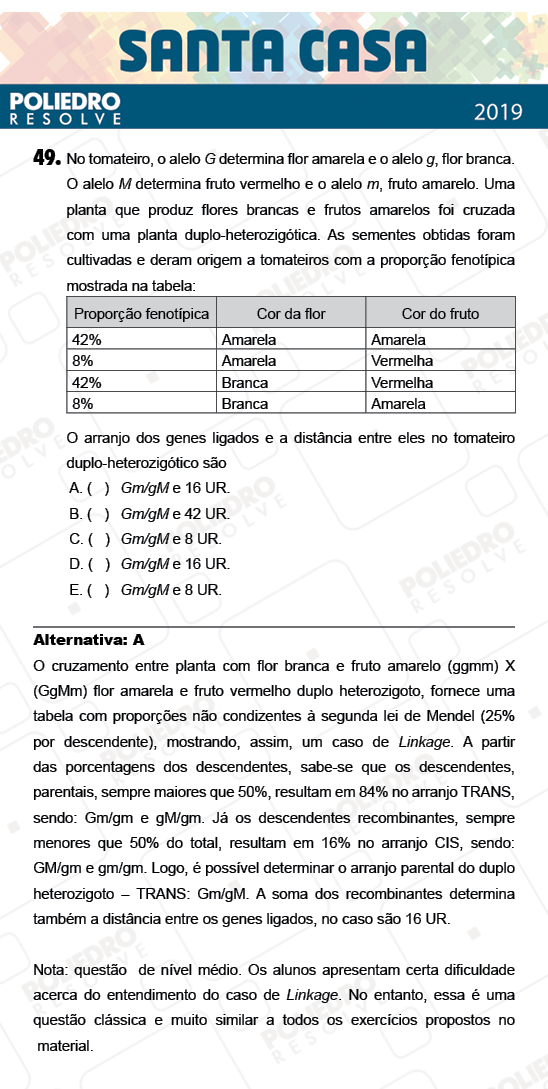 Questão 49 - 2º Dia - Objetivas - SANTA CASA 2019