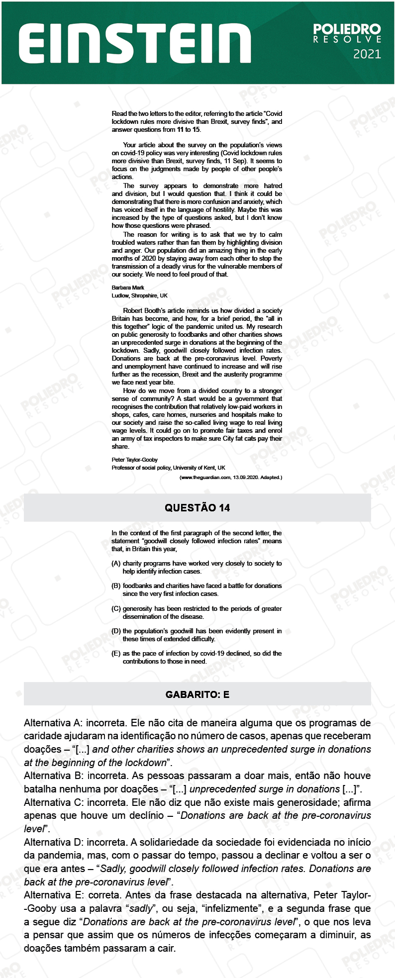 Questão 14 - Fase única - EINSTEIN 2021