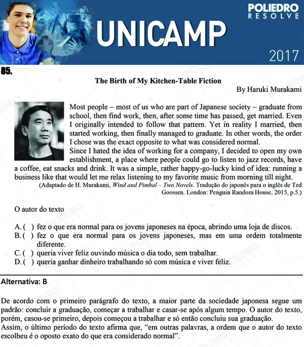 Questão 85 - 1ª Fase - UNICAMP 2017