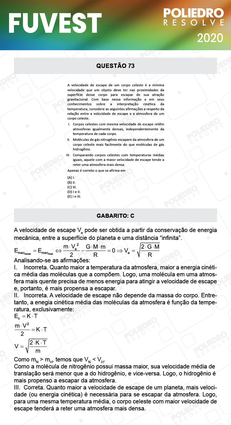 Questão 73 - 1ª Fase - Prova V - FUVEST 2020