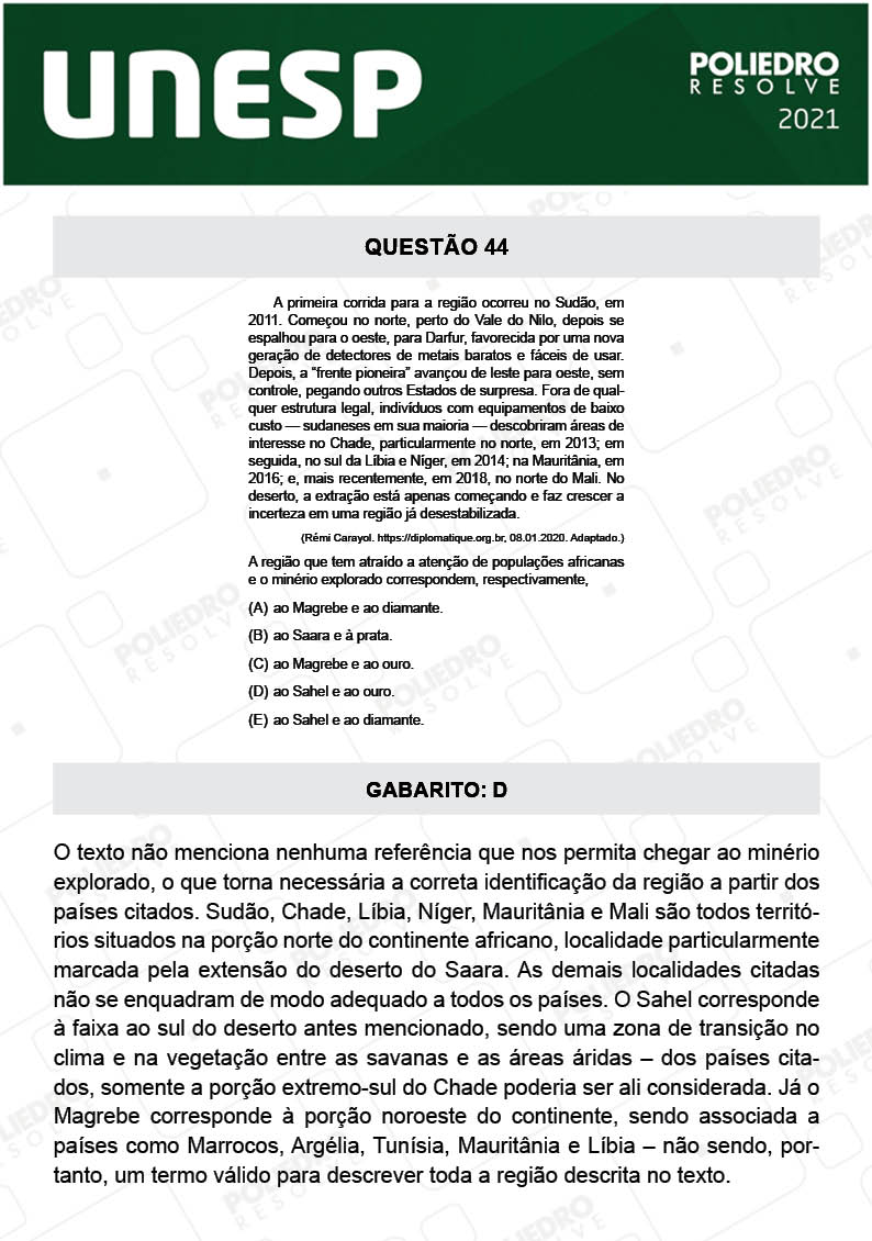 Questão 44 - 1ª Fase - 1º Dia - UNESP 2021