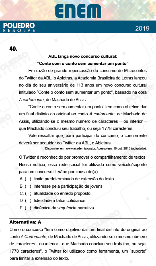 Questão 40 - 1º Dia - Prova AZUL - ENEM 2018