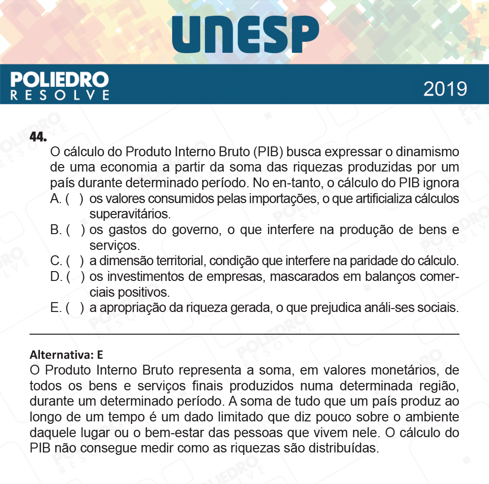 Questão 44 - 1ª Fase - UNESP 2019