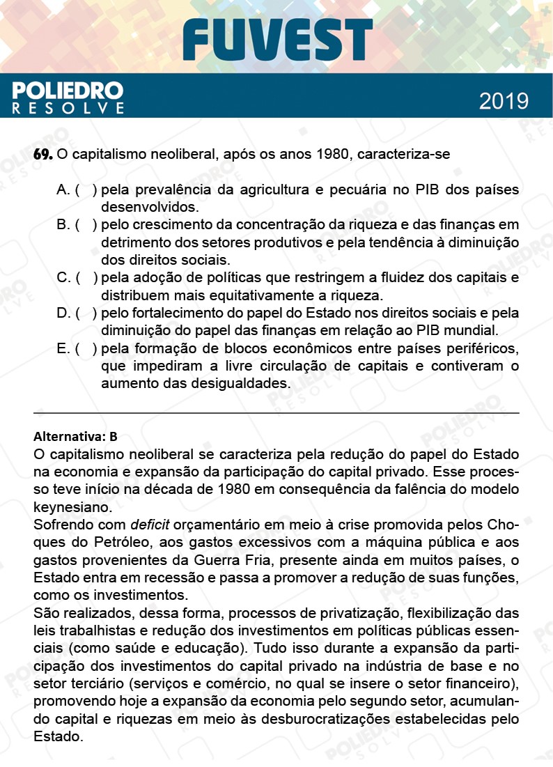 Questão 69 - 1ª Fase - Prova Q - FUVEST 2019