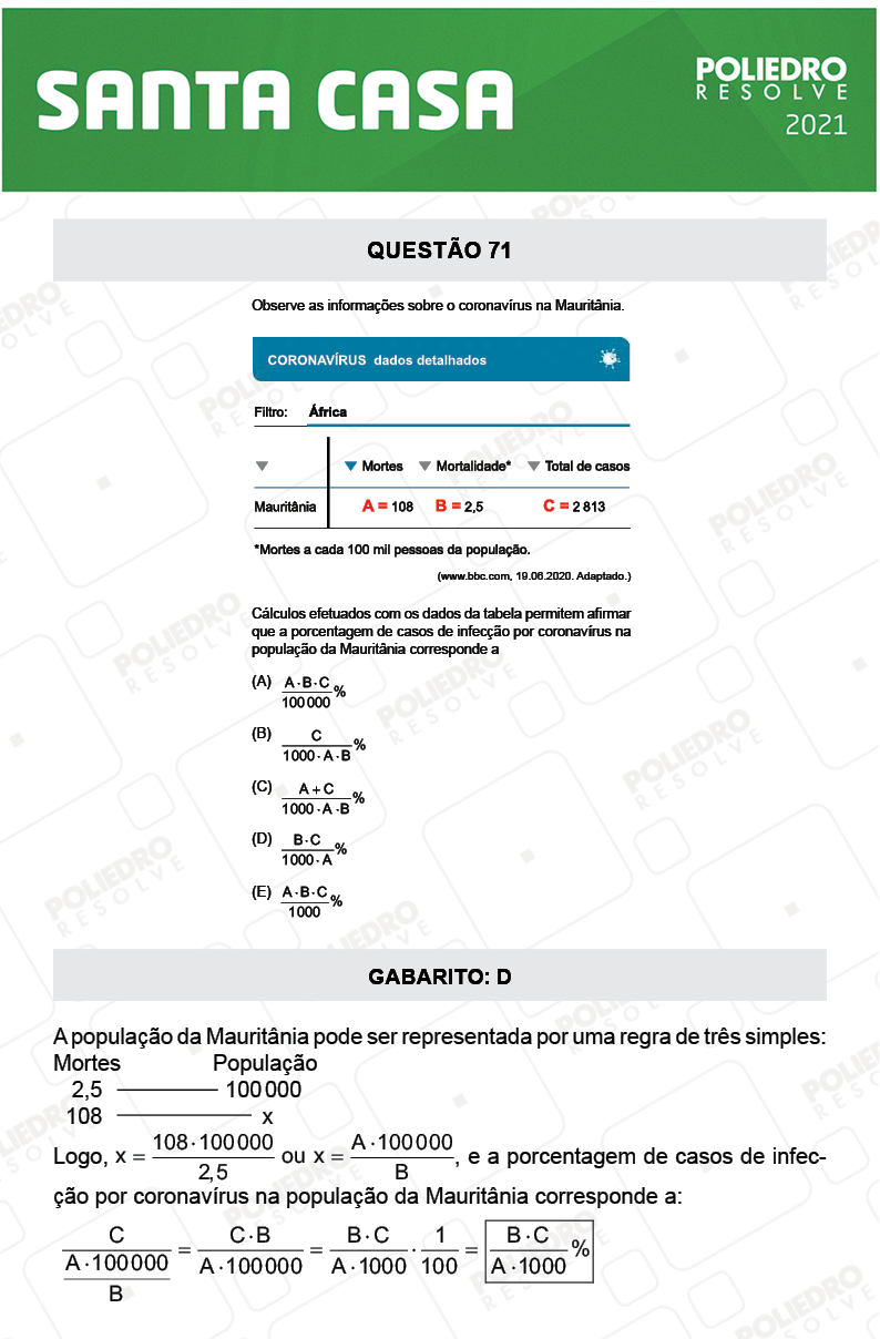 Questão 71 - 1º Dia - SANTA CASA 2021