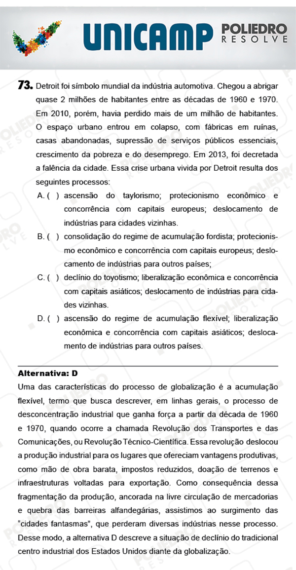 Questão 73 - 1ª Fase - PROVA Q - UNICAMP 2018