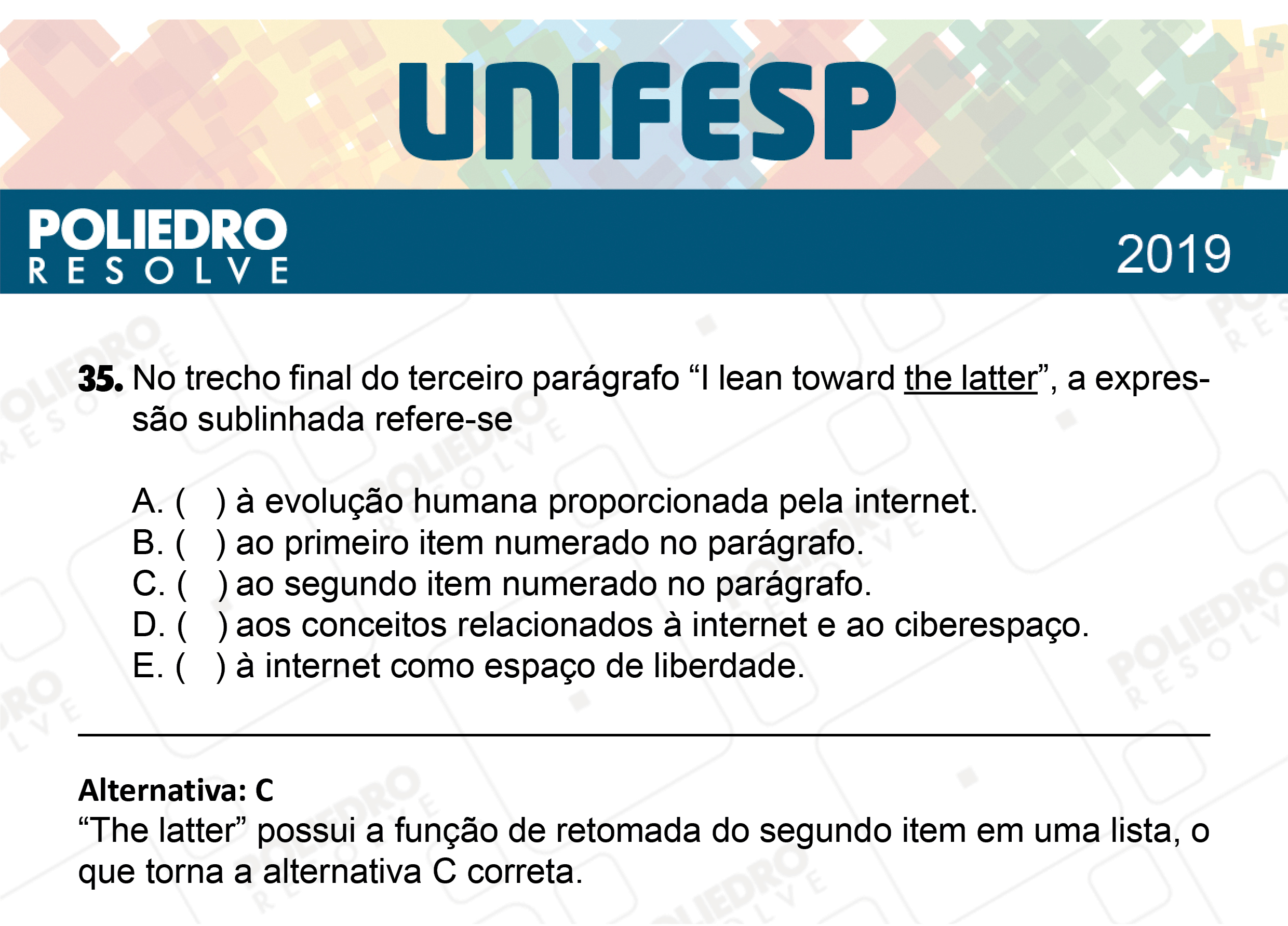 Questão 35 - Fase única - 1º Dia - UNIFESP 2019