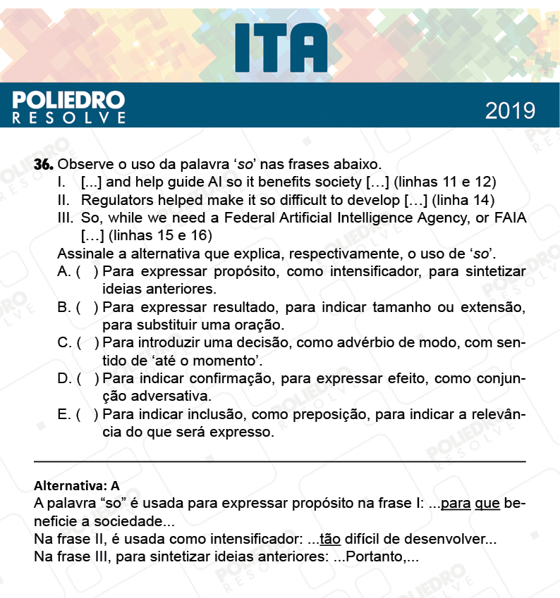 Questão 36 - 1ª Fase - FIS / POR / ING/ MAT / QUI - ITA 2019