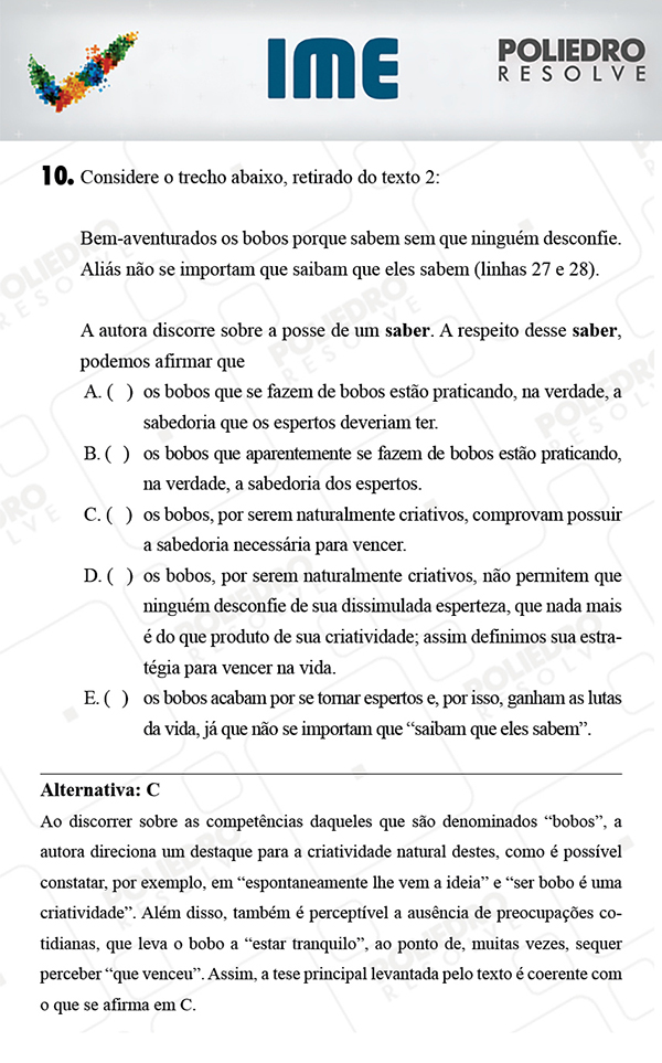 Questão 10 - Português / Inglês - IME 2018