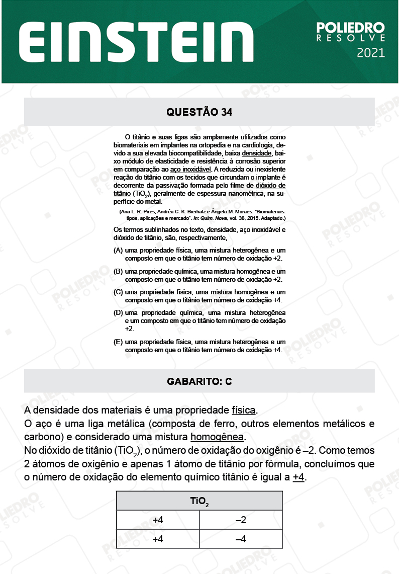 Questão 34 - Fase única - EINSTEIN 2021