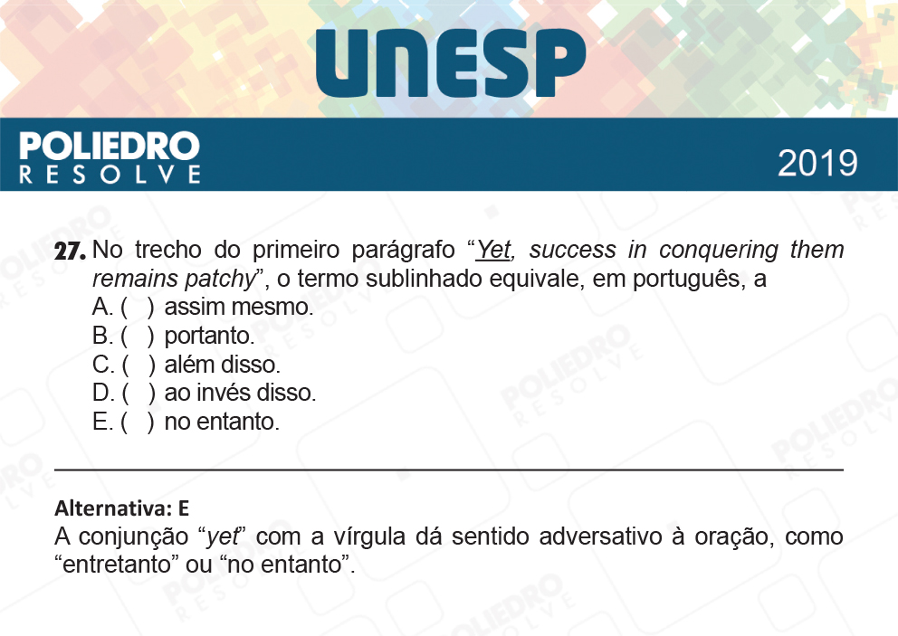 Questão 27 - 1ª Fase - UNESP 2019