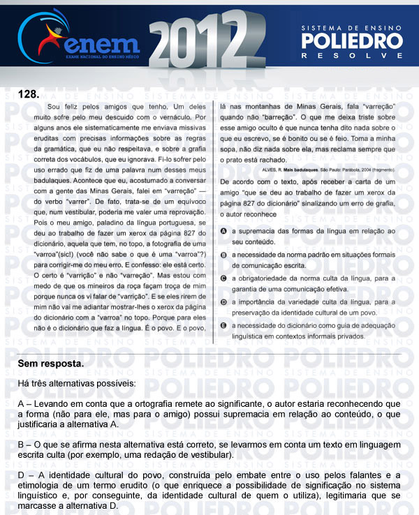 Questão 128 - Domingo (Prova rosa) - ENEM 2012