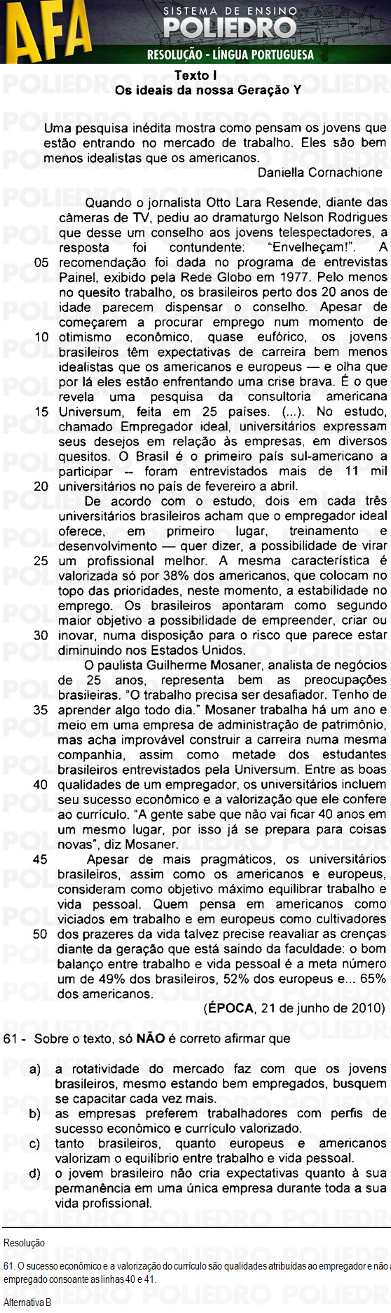 Questão 61 - Código 11 - AFA 2011